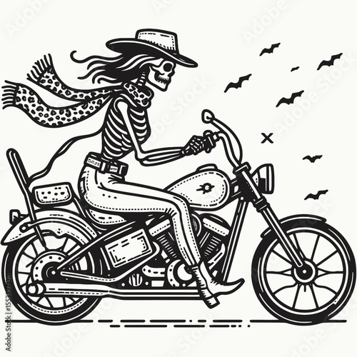 Cowgirl Female skeleton with leopard print ride cruiser motorcycle. Cowboy Western American Cartoon Animal Clipart Line Art Vector Illustration. .