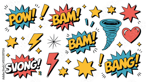 Cartoon Comic Book Explosions with Onomatopoeia, Lightning Bolts, Stars, Tornado, Heart on White Background