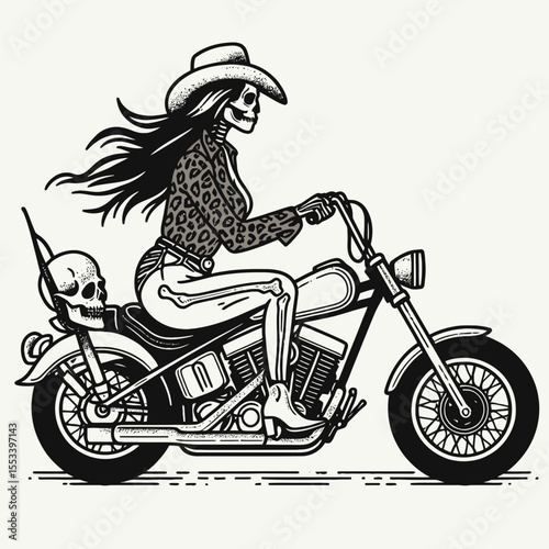 Cowgirl Female skeleton with leopard print ride cruiser motorcycle. Cowboy Western American Cartoon Animal Clipart Line Art Vector Illustration. .
