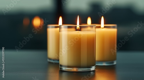 Candlelight Symphony: Four luminous candles encased in clear glass holders glow, their gentle flames casting a warm, ethereal light that dances upon the surface.