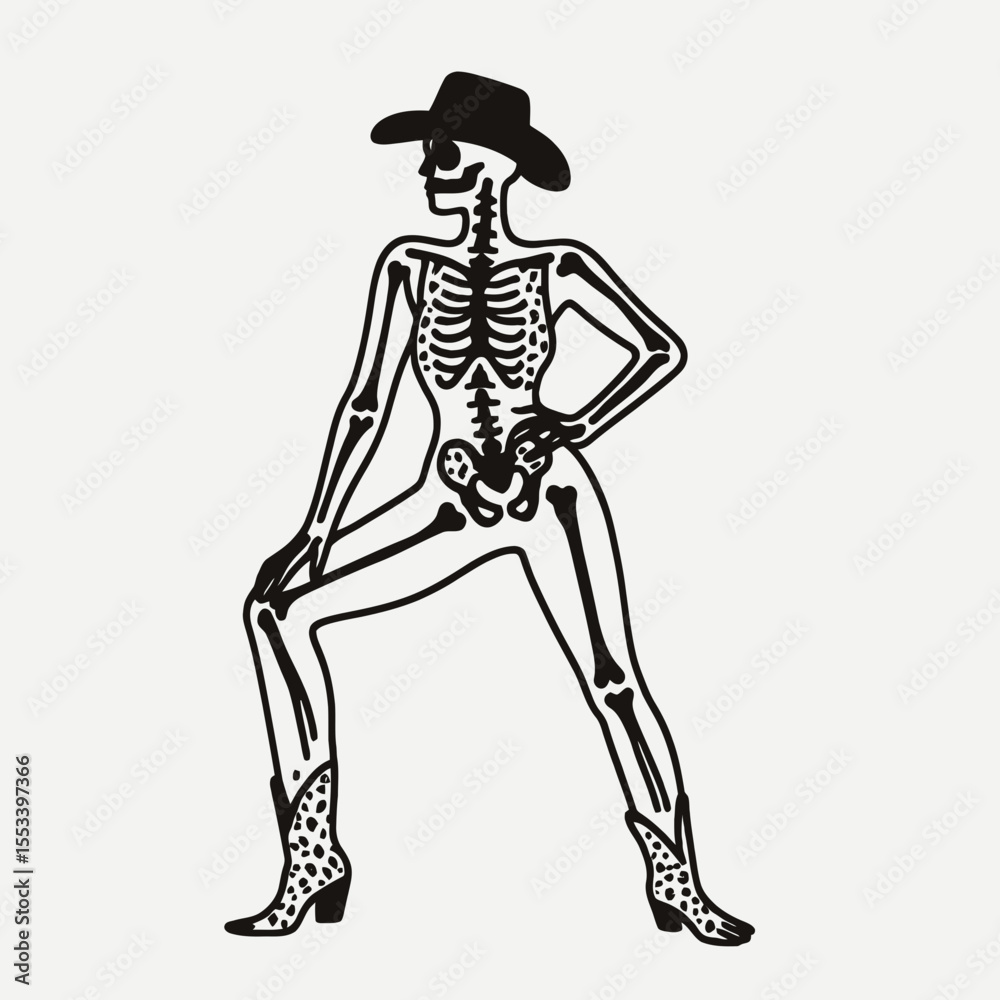 Fototapeta premium Cowgirl Female skeleton with leopard print standing yoga poses. Cowboy Western American Cartoon Animal Clipart Line Art Vector Illustration. .