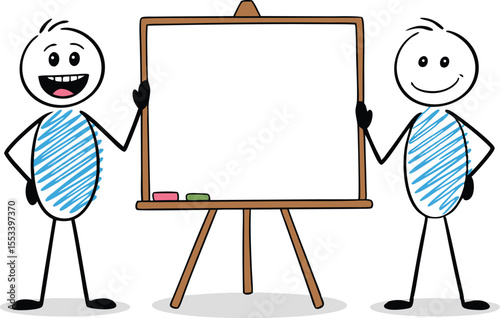 Cartoon Stick Figures Standing Beside Whiteboard with Erasers, Presentation, Education, and Learning