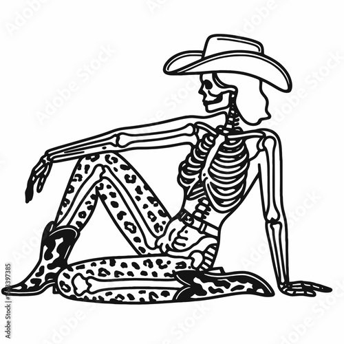 Cowgirl Female skeleton with leopard print lying yoga poses. Cowboy Western American Cartoon Animal Clipart Line Art Vector Illustration. woman bone in doing relaxing stretch positions.