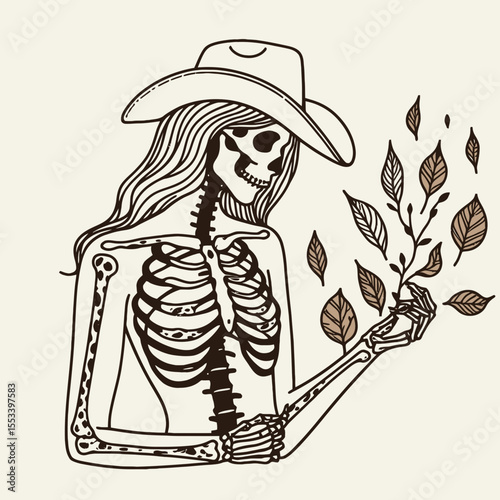 Cowgirl Female skeleton with leopard print Playing autumn leaves. Cowboy Western American Cartoon Animal Clipart Line Art Vector Illustration. Woman bony figure in pattern enjoy seasonal.