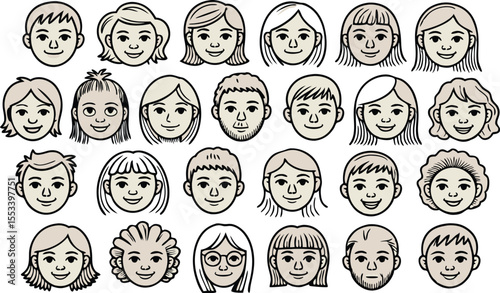 Collection of Cartoon People's Faces with Diverse Hairstyles and Expressions, Design