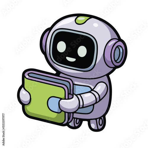 Funny 3D cartoon robot character with a blank sign, perfect