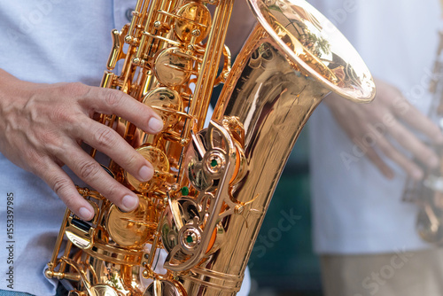 International jazz day and World Jazz festival. Saxophone, music instrument played by saxophonist player musician in fest.