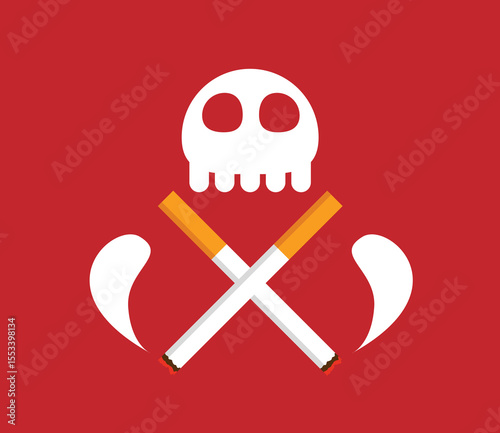 Skull and Bones Two Smoldering Cigarettes on Red Stop Smoking. Smoke a cigar and other bad habits that affect health vector art