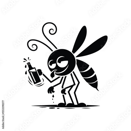 Drunk insect character vector illustration. Funny party animal mosquito or wasp with an alcohol bottle. Humorous black and white graphic for a celebration or event