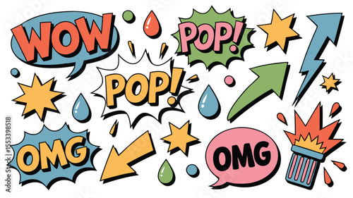Colorful Comic Book Style with Exclamations, Arrows, Stars, and Shapes on a White Background