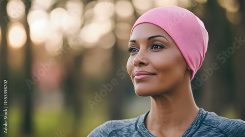 Woman with head covering looking forward with hope and strength during illness and treatment journey