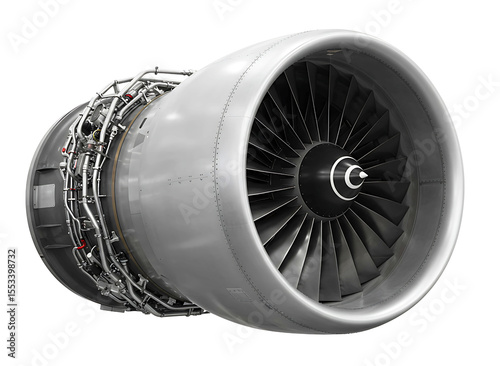 Detailed view of a modern jet engine turbofan with intricate components isolated on transparent background