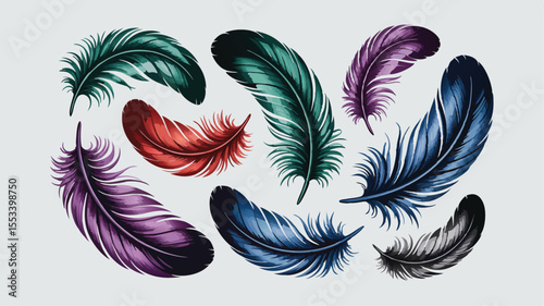 Colorful Feathers on White Background Red, Green, Purple, Black, and Blue Hues