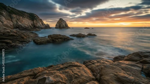 Ocean waves washing rocky coast illuminated by golden sunset sky, seamless looping 4k time-lapse animation video background. Nature concept