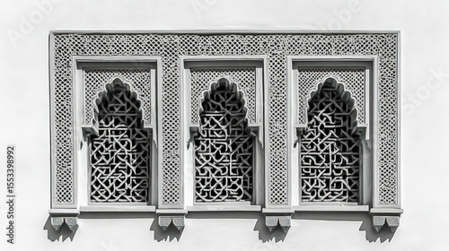 Ornate, patterned windows, light gray stone, architectural detail