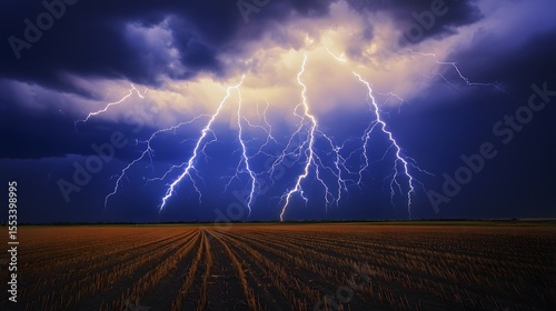 Dramatic electric lightning bolts illuminate a vast empty field du a powerful thunderstorm at night creating a breathtaking and intense natural weather scene.