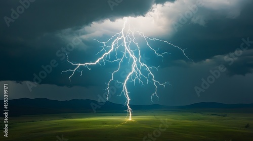 A powerful bolt of lightning dramatically illuminates a vast, open pasture du a dramatic thunderstorm with dark stormy skies and mountainous backdrop creating a breathtaking