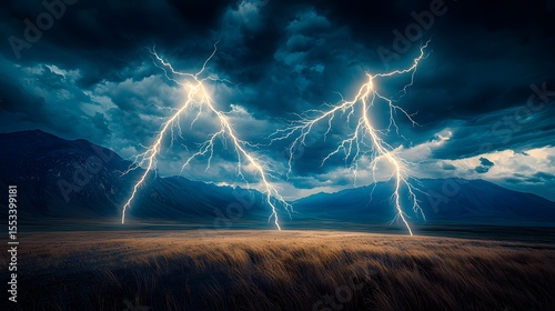Dramatic lightning strikes illuminate a vast open pasture at night under a stormy sky, showcasing the raw power of nature amidst majestic mountain ranges.
