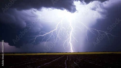 A powerful bolt of lightning dramatically illuminates a vast, empty field under a stormy sky, creating a breathtaking and ominous atmospheric landscape at night.