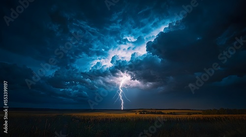 A powerful lightning bolt dramatically illuminates a dark stormy sky over a vast and tranquil field showcasing the intense energy and tension of a summer thunderstorm.