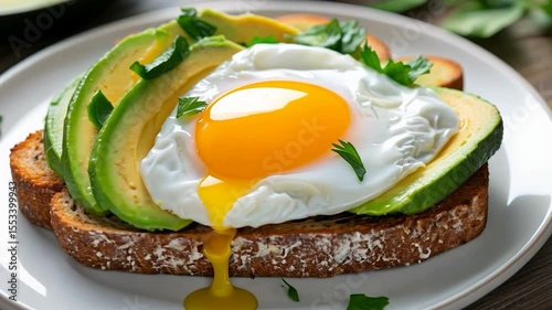 Avocado toast with fried egg and runny yolk on whole grain bread and white plate healthy breakfast meal close up vibrant colors natural lighting