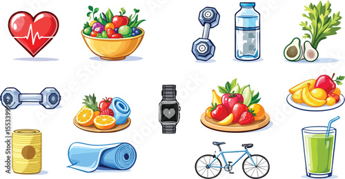 Cartoon illustrations representing healthy lifestyle choices for wellness fitness and active living.