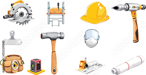 Cartoon illustrations of construction tools and equipment including a saw hammer and blueprint.