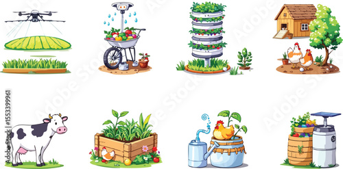 Cartoon illustration of modern farm practices_ agricultural methods_ and sustainable farming.