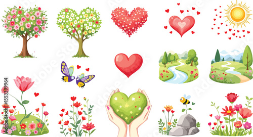 Charming vector illustrations featuring hearts nature scenes butterflies flowers and a bumblebee.