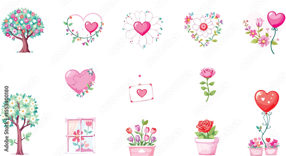 Delightful vector illustration featuring floral hearts trees flowers and love elements. Delightful vector illustration featuring floral hearts trees flowers and love elements.