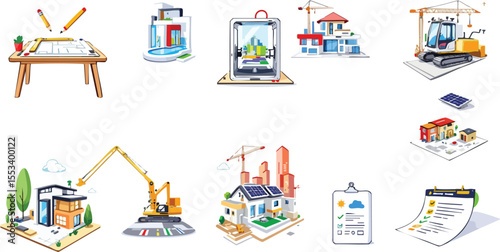 Colorful illustrations depicting construction processes from planning to sustainable development and final inspection.