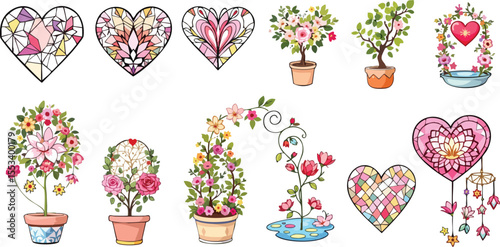 Decorative floral illustrations featuring heart shapes flowers and potted plants designs.