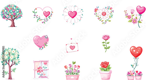 Delightful vector illustration featuring floral hearts trees flowers and love elements.