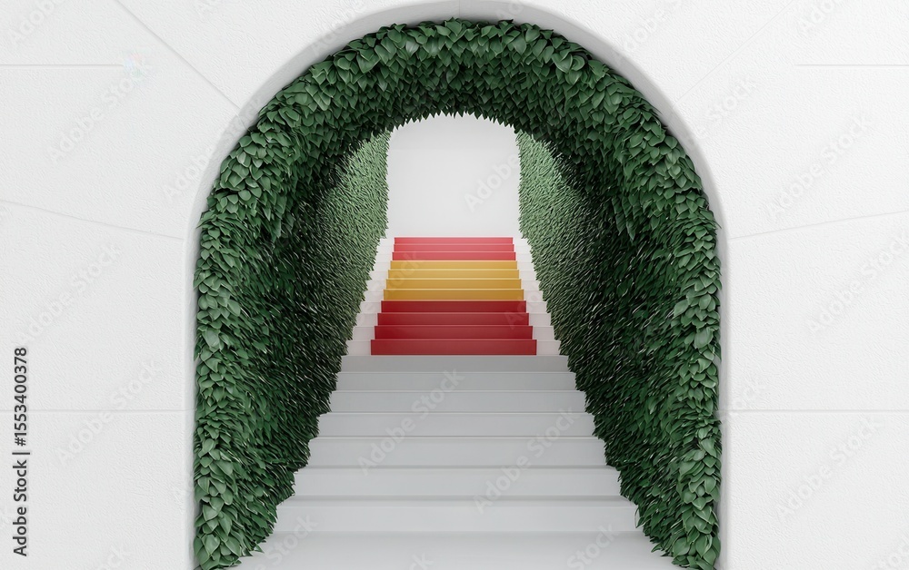 Fototapeta premium Elegant Staircase with Greenery and Colorful Steps in Modern Design
