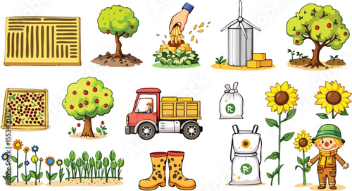 Illustrated farming elements depicting orchard apple trees harvest truck and sunflowers.