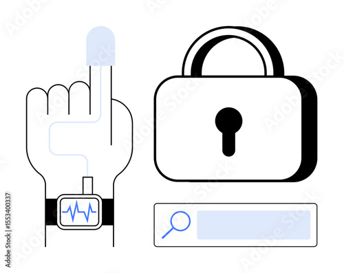 Finger with fingerprint scanner, smartwatch showing heartbeat, padlock, and search bar highlight digital security, biometric authentication, technology, and online privacy. Ideal for cybersecurity