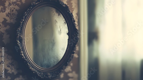 Vintage oval mirror hanging on wall with floral wallpaper in antique home decor style photo image shot