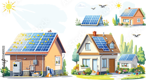 Sustainable homes with solar panels and drones in clean energy generation illustration.