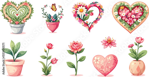 Watercolor illustrations of heart shaped floral arrangements and potted plants for romantic designs.