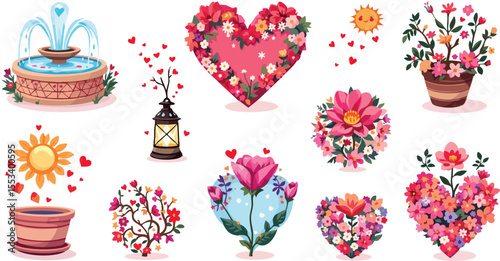 Whimsical cartoon collection of floral arrangements decorative elements and heart shapes.
