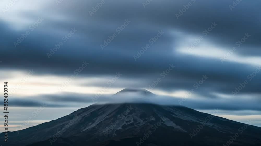 Volcano peak with horizontal cloud layer during twilight sky scenery, seamless looping 4k time-lapse animation video background. Nature concept