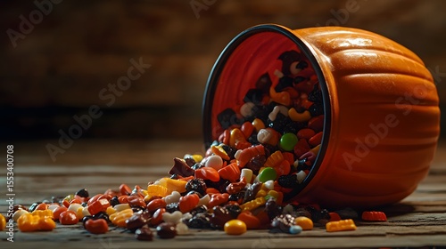 Halloween candy spilling from pumpkin bucket delicious treats for trick or treaters autumn season sweets
