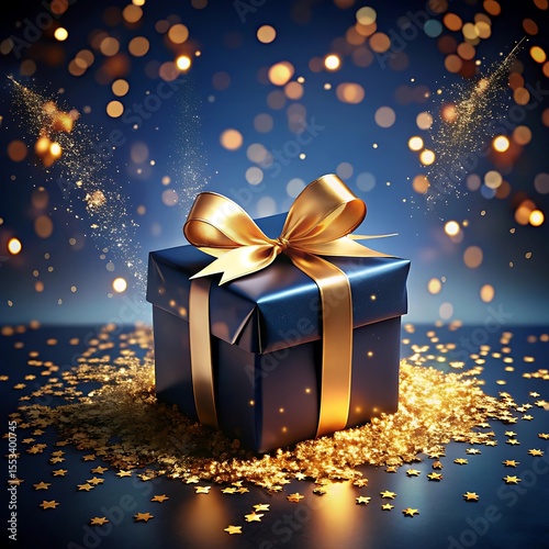 A navy blue gift box with a gold ribbon and bow sits on a bed of gold confetti and stars against a dark blue background