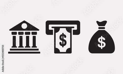 Financial Element Icons Set, Money, Bank, ATM, vector illustration