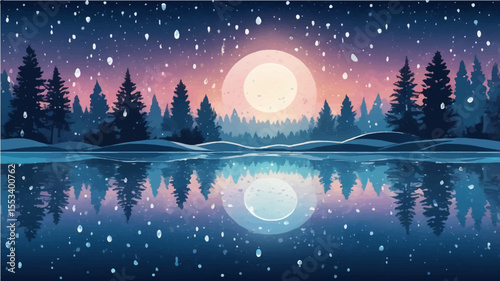 A blue winter night city landscape with a reflection of Christmas lights on the snowy lake