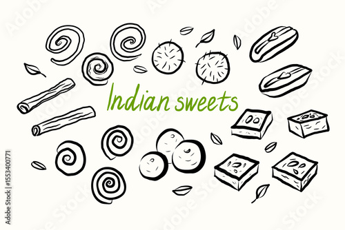 Ink sketch with Indian sweets on isolated background. Vector banner with hand drawn Barfi, candy, Gulab Jamun, Sandesh dessert, cinnamon, holiday treats, Vaisakhi. Food and traditional Hindu pastry