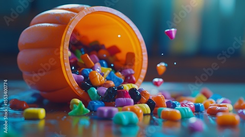 Halloween candy spilled from pumpkin bucket for trick or treat celebration sweet tooth colorful treats
