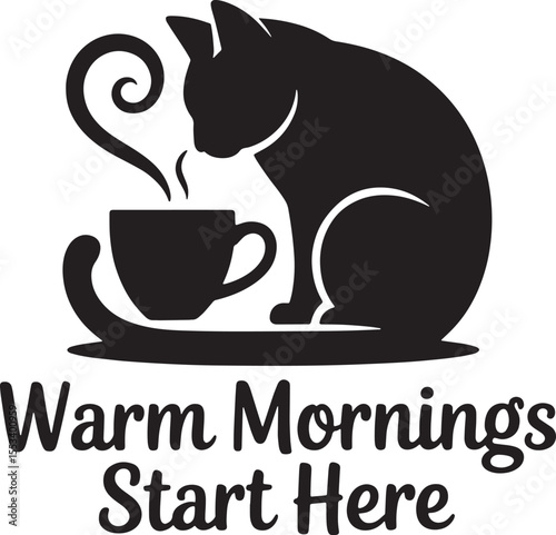 Black silhouette of a cat with a coffee cup and steam white