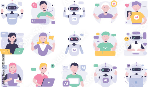 Illustration People and Robot Avatars Interacting with Technology and AI, Isolated on White