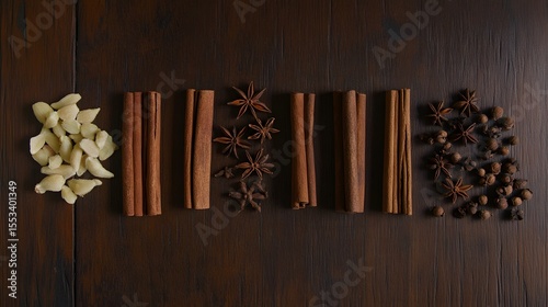 Top view of aromatic spices arrangement: garlic, cinnamon sticks, star anise and peppercorns on wood